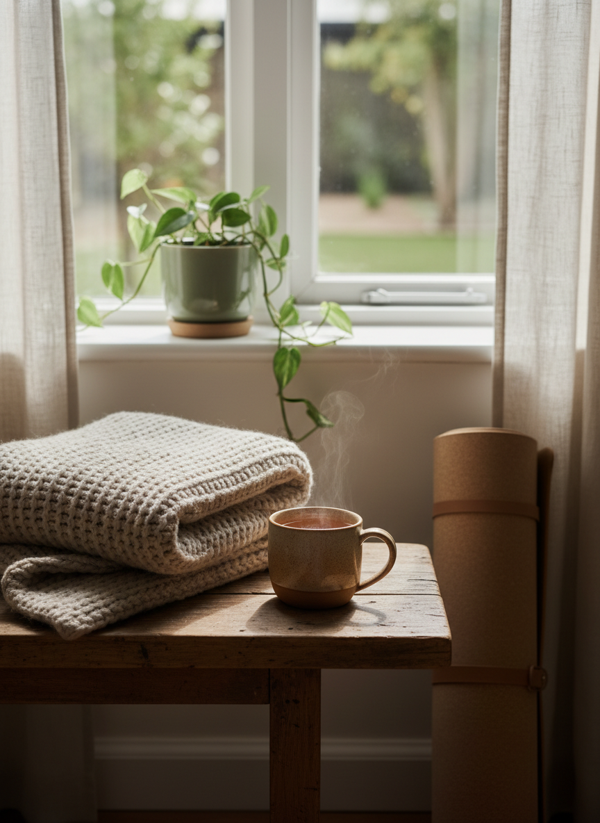A folded soft knit blanket, a ceramic mug of tea, a small green plant, and a rolled yoga mat resting near a sunlit window in warm earth tones.
