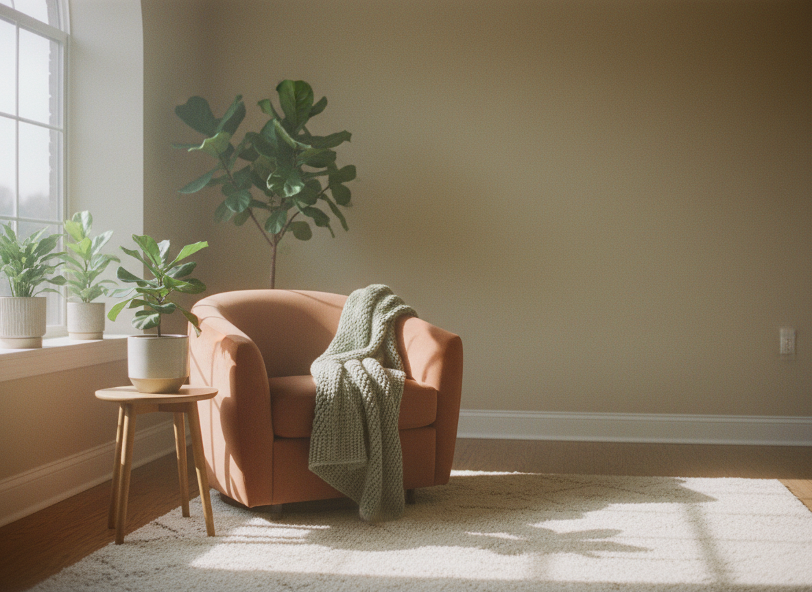 Soft, warm natural light streaming through a window into a calm, inviting therapy space with a comfortable armchair, a small plant, and a soft throw blanket.