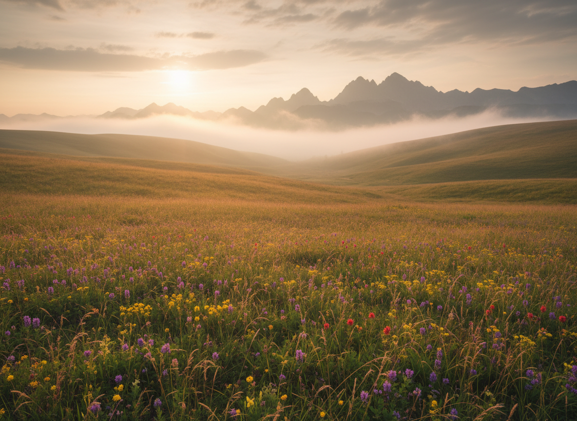 Misty mountain meadow with soft rolling hills at golden hour