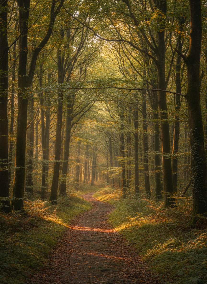 Sunlit peaceful forest path winding through tall trees